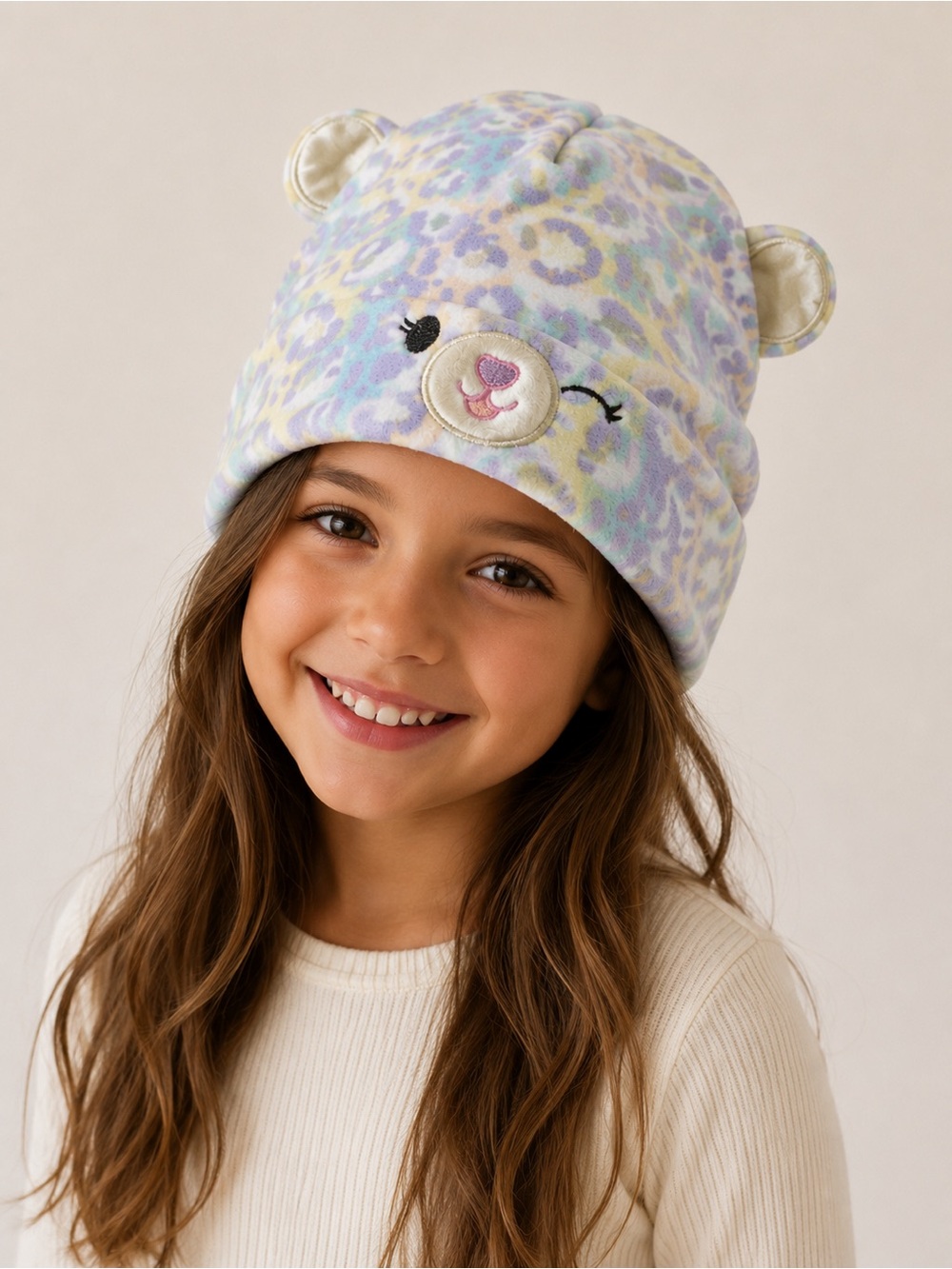 Kids Plush Animal Beanie Hat - Pastel Leopard Print- Ages 4-6